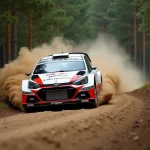 Voiture de rallye en action sur une spéciale en forêt avec nuage de graviers, vue au ras du sol
