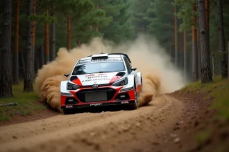 Voiture de rallye en action sur une spéciale en forêt avec nuage de graviers, vue au ras du sol