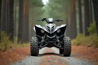 Yamaha Raptor 700 garé sur un chemin de gravier en forêt de pins, vue 3/4 avant grand angle illustrant la réglementation et homologation du quad